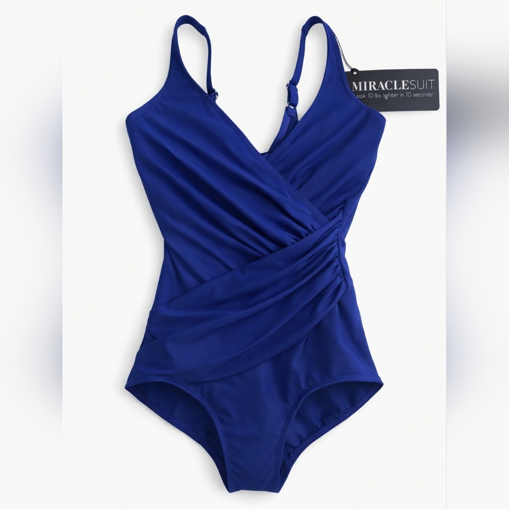 Miraclesuit Blue One Piece Swimsuit Slimming Ruched V Neck Tummy Control NWT